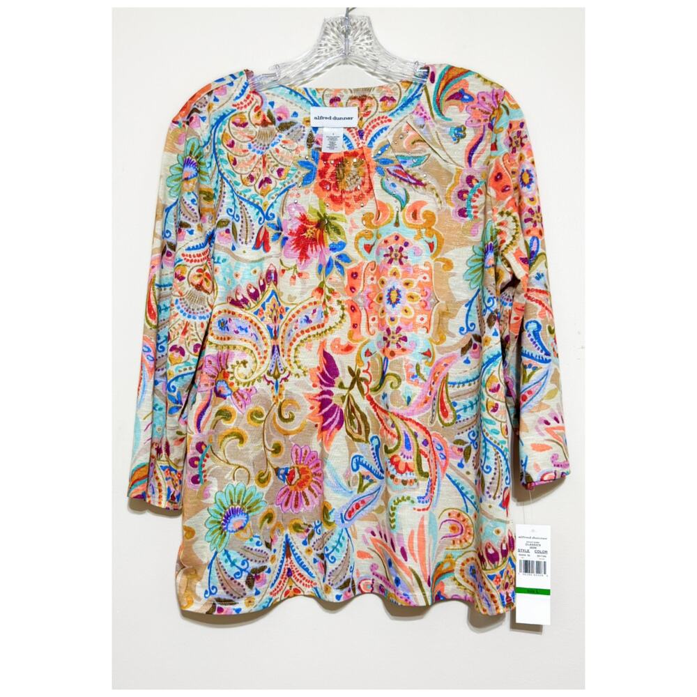 Alfred Dunner Classic Pullover Rhinestone Notched Neckline Floral Top Size L